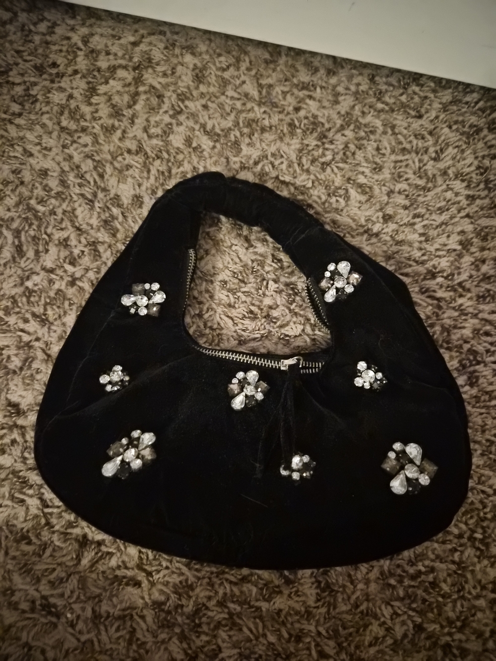 Black Velvet Crystal-Embellished Hobo Bag - Picture 3 of 7